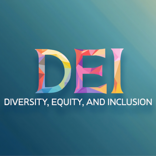 The letters D, E, and I, textured in multicolored triangles and against a blue, gradiant background, with the words "Diversity, Equity, and Inclusion" in white underneath.